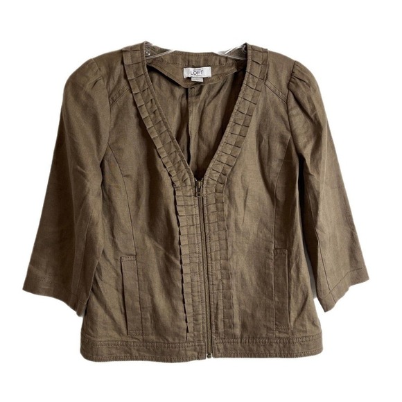 Ann Taylor Loft Women's Linen Jacket Size 4P Green Full Zip Up 3/4 Sleeve V Neck - Picture 1 of 5